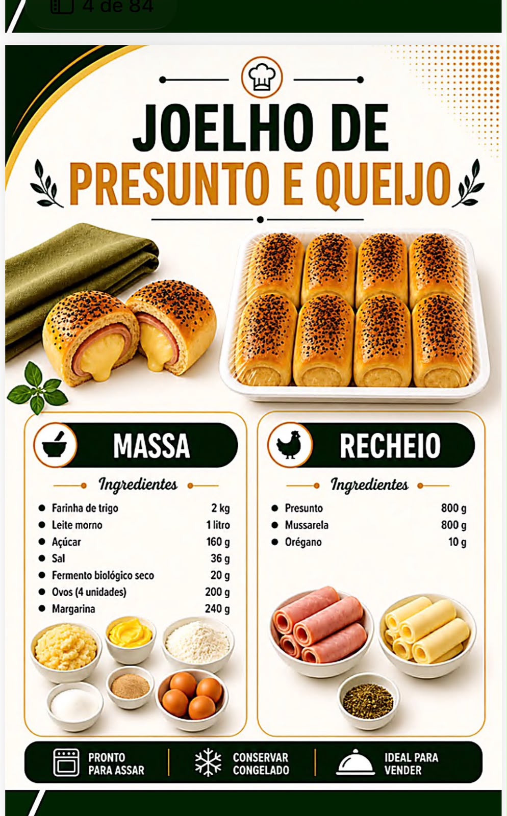 Página do ebook com a receita de joelho de presunto e queijo